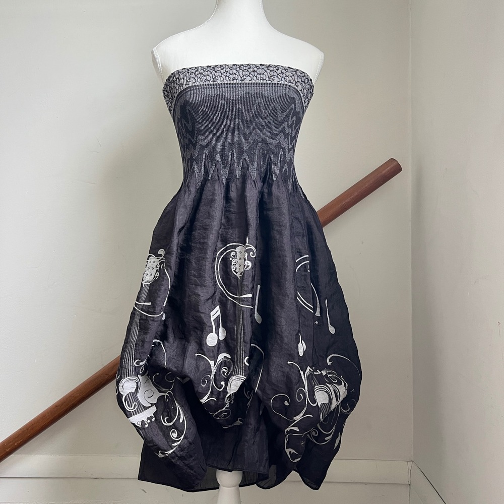 Lapis Strapless Bubble Hem Dress Black Guitar Music Note Whimsygoth Y2K